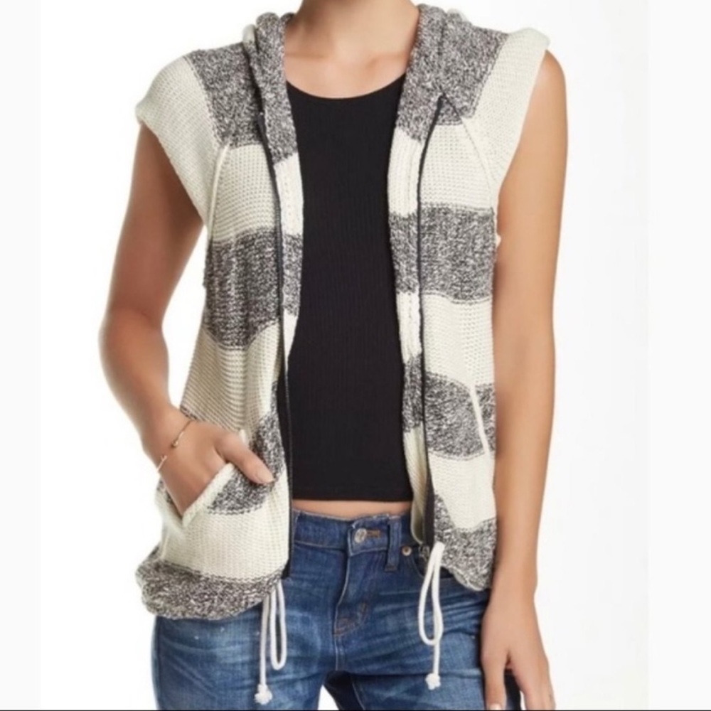 Free People Regatta Striped Hooded Zip Front Sweater Sleeveless Medium - Picture 10 of 12